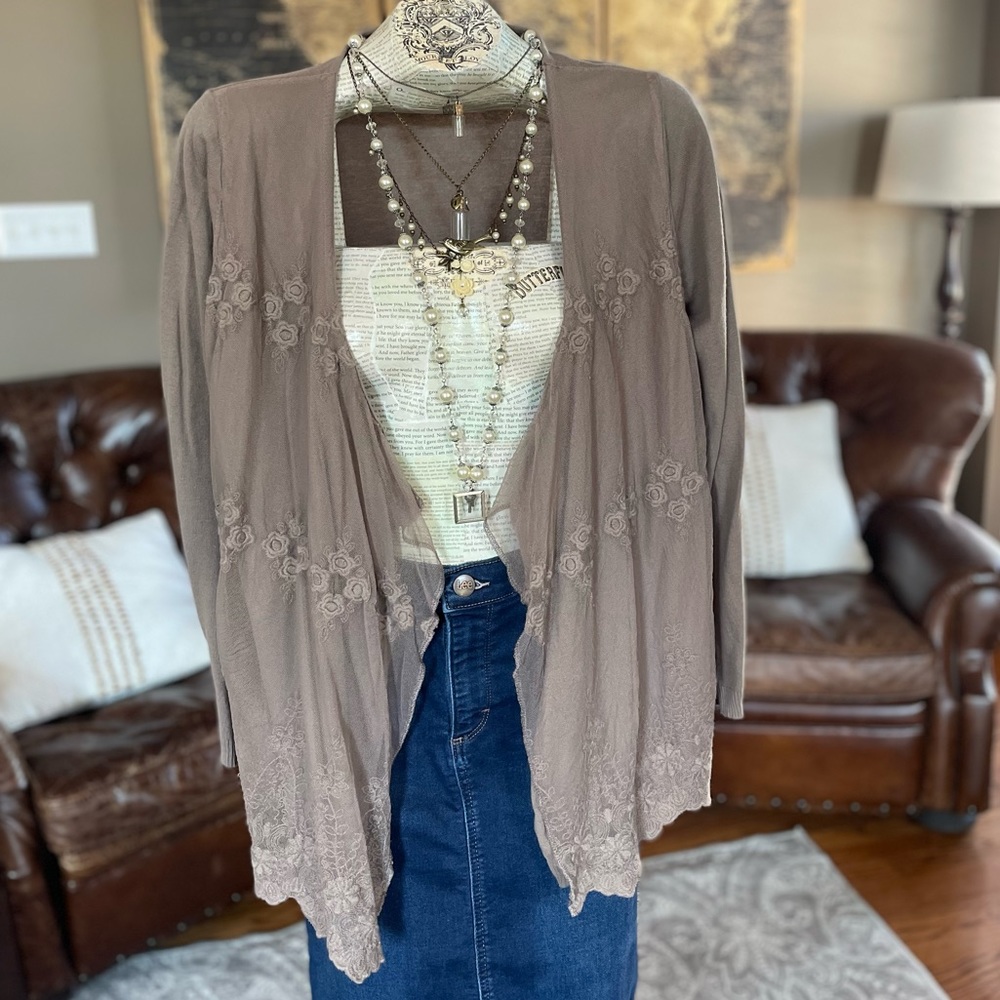 Together Lace Overlay Knit Open Cardigan